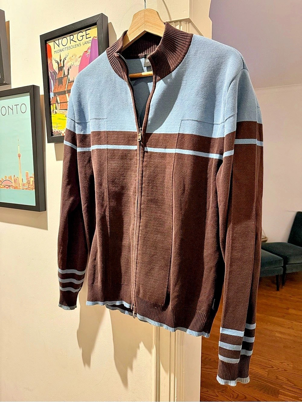 Vintage BOSS Hugo Boss Full-Zip Knit Cardigan Jumper - Brown & Blue Stripe